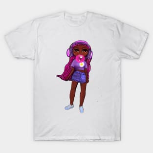 Beautiful Brown skin African American girl with Afro hair in 2 puffs blowing bubble gum. Black girls rock, black girl magic,melanin poppin queen anime girl drawn in manga style. T-Shirt